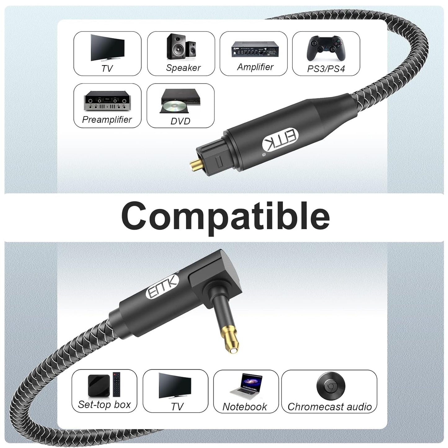 EMK Premium 90° Right-Angle Mini Toslink Cable (3Ft/1M) - 3.5mm Optical Digital Audio Cable for Sound Bars, TVs & Home Theater - SPDIF/Toslink Compatible, Black