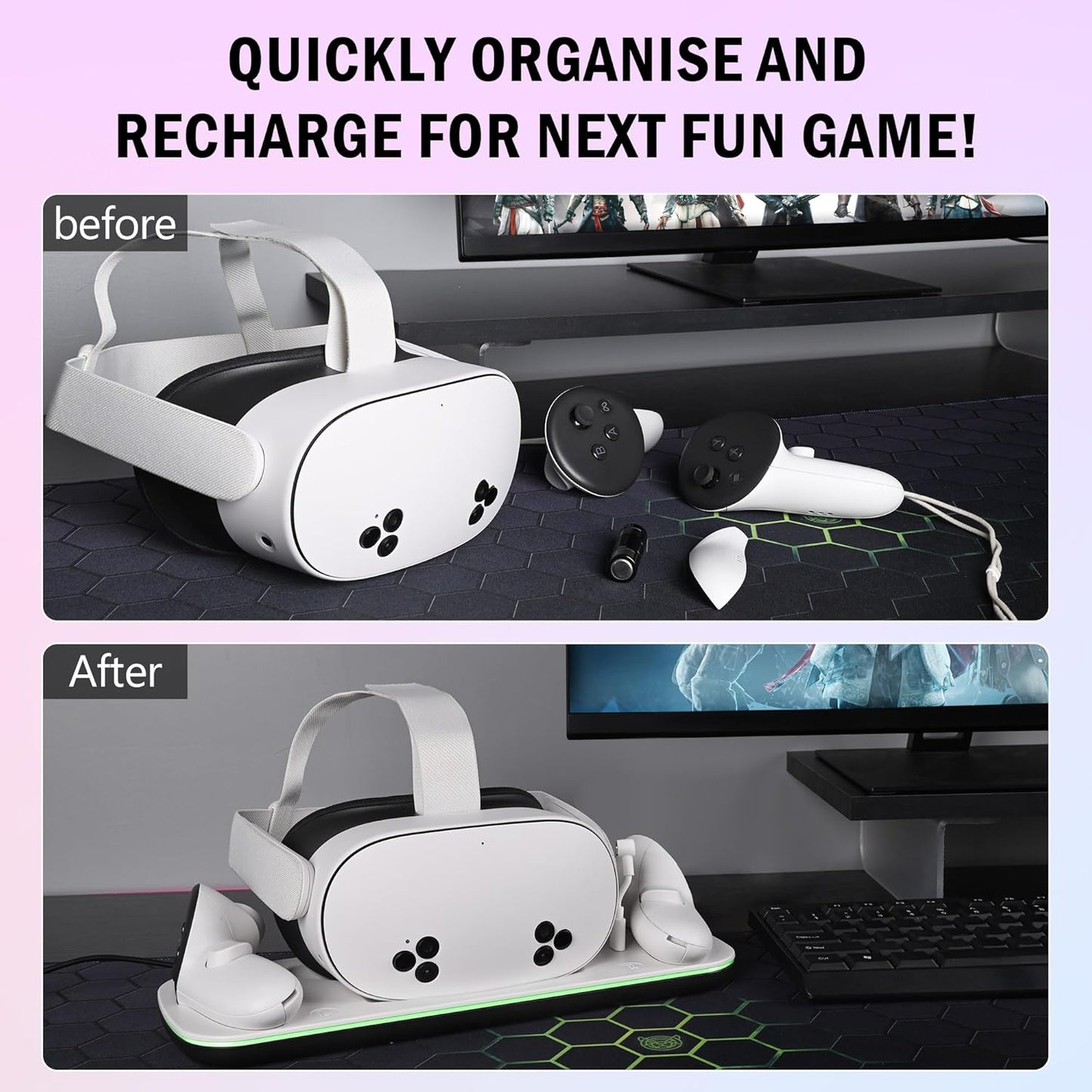 Charging Dock for Quest 3S, VR Stand for Meta Quest3, Charge Station for Oculus Quest 3S Supports Headset with Type-C Magnetic Suction Cable and Rechargeable Battery to Fit Controller