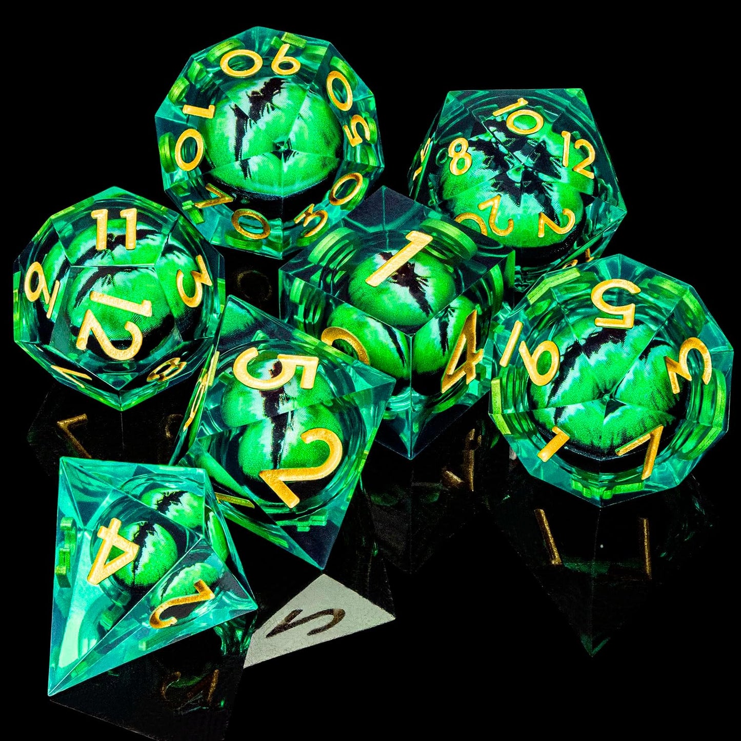 ARUOHHA DND Resin Dice Dragon Eye Dice Liquid Core Green Sharp Edged Dice Set with Gift Box, Dungeons Polyhedral D and D Dice Set Compatible with D&D Role Playing Game D20 D12 D10 D8 D6