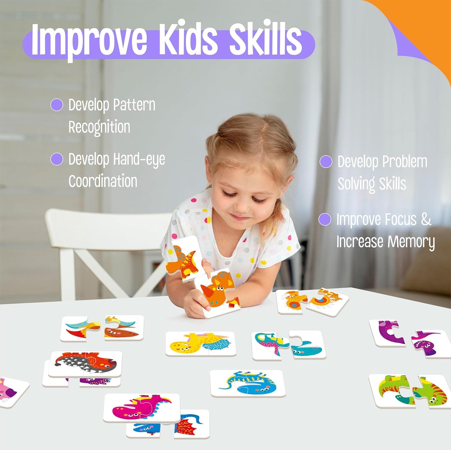 48 Dinosaurs Matching Puzzles with Error-Correction, Self-Correcting Puzzle Match Game Educational Matching Puzzles for Toddlers Kindergarten, Dinosaur-Themed Learning Games Toys for 3 Years Old