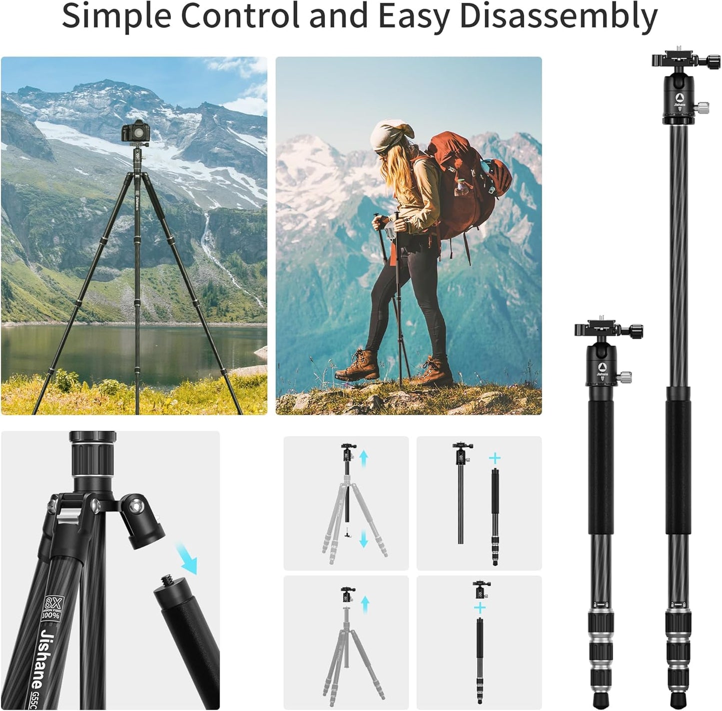 Carbon Fiber Camera Tripod, 62" Professional Video Tripod for Camera with 360° Ball Head, 1/4" Arca QR Plate, Compact Lightweight Travel Monopod for DSLR/Smartphone, Max Load 17.6 lbs/8kg
