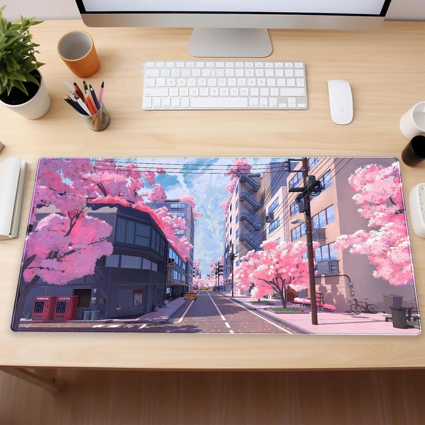 Japanese Cherry Blossom Mouse Pad, Pink Cute Desk Mat Extended XL Large Full Desk Gaming Mousepad 31.5''X15.7'' Computer Laptop Desk Pad Keyboard and Mouse Mat for Office Desktop Decoration