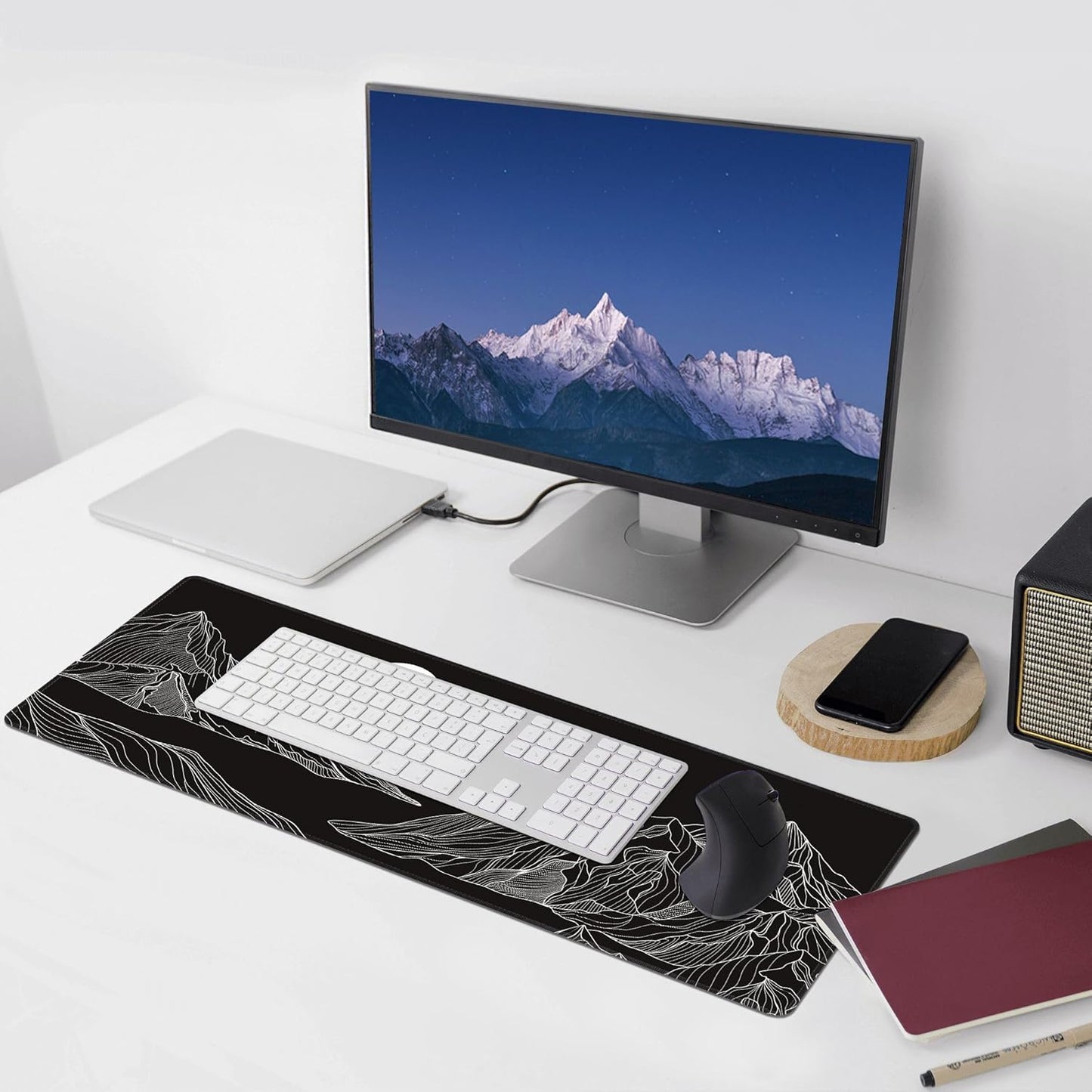 Black and White Mountain Large Mouse Pad,Gaming Keyboard Desk Pad,Extended Mouse Mat Non-Slip Rubber Base with Stitched Edges for Office Game Home XL 31.5"x11.8"