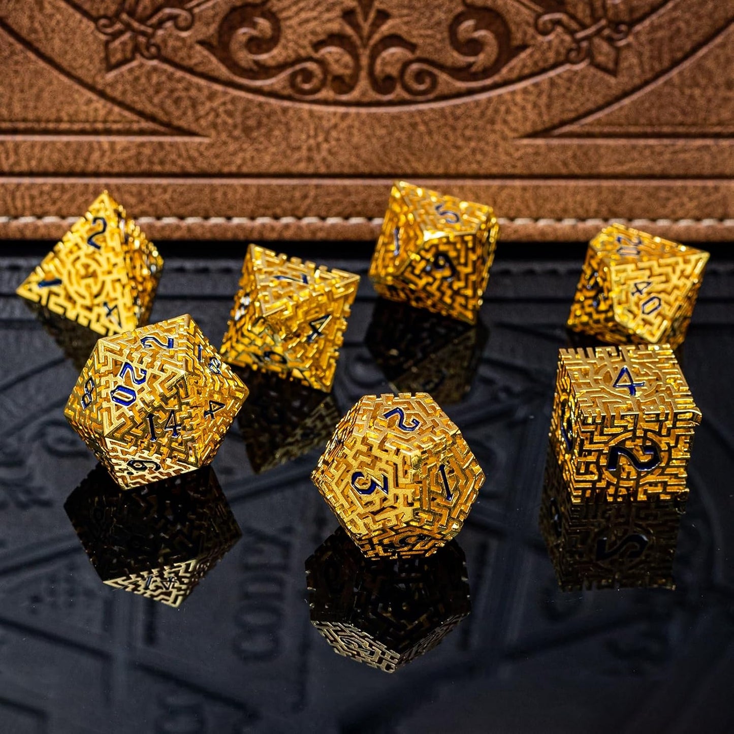 Golden Metal Hollow DND Dice Set (Paladin) Metallic Luster Maze Design with Storage Box - Balanced Weight 7 Piece Zinc Alloy, Designed for Dungeons and Dragons DM Player RPG Accessories