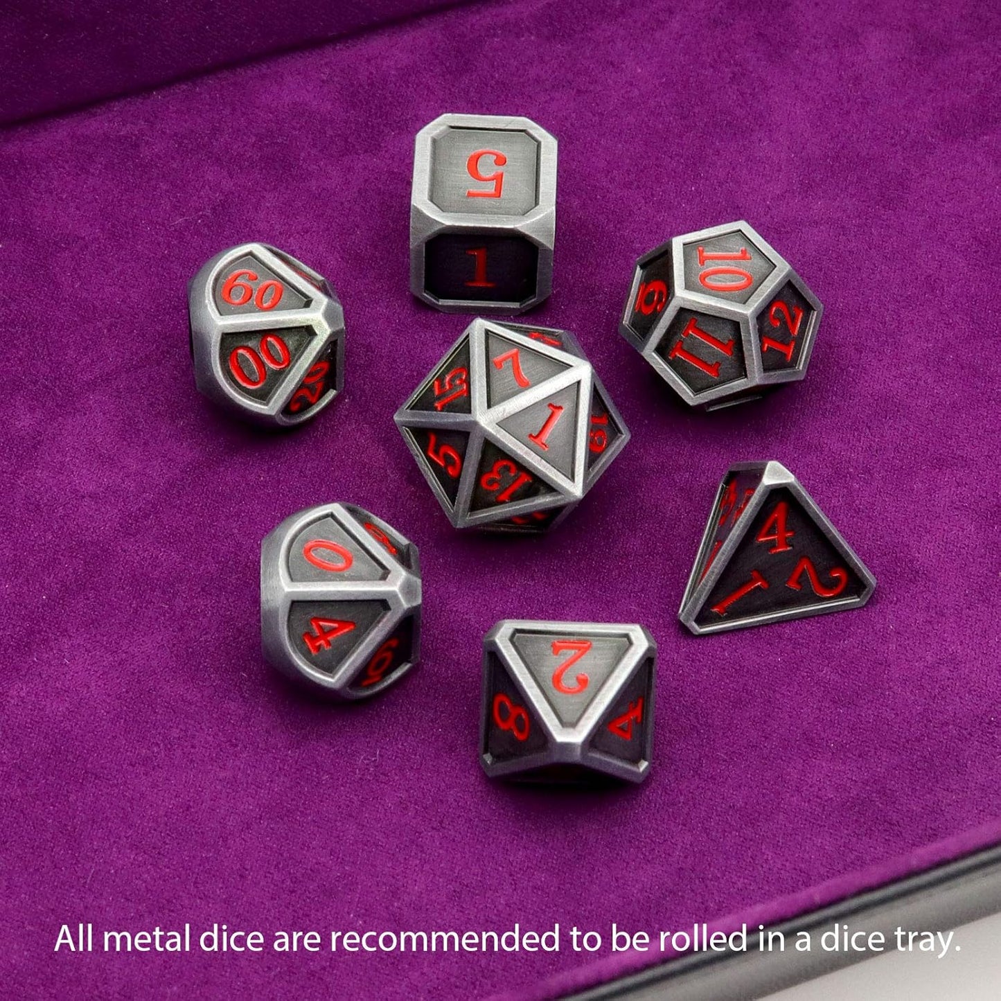 Haxtec Ancient Silver Metal DND Dice Set D&D 7PCS Large Rounded Antiue Iron RPG Dice Red Numbers for Dungeons and Dragons TTRPG Game Gifts',Standard size