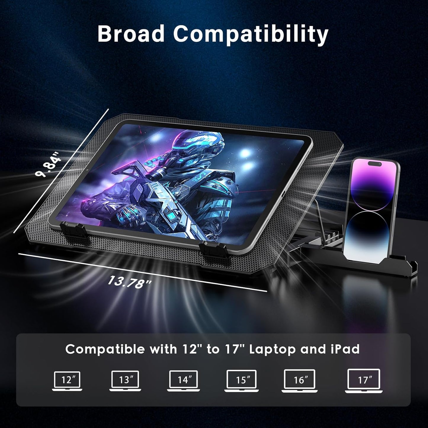 Laptop Cooling Pad, Laptop Cooler 6 Quiet Fans for 12"-17" Laptops, Laptop Cooler Stand with Phone Stand, Gaming Laptop Fan Cooling Pad Slim Portable USB Powered with 5 Angle Adjustable, 2 USB Ports