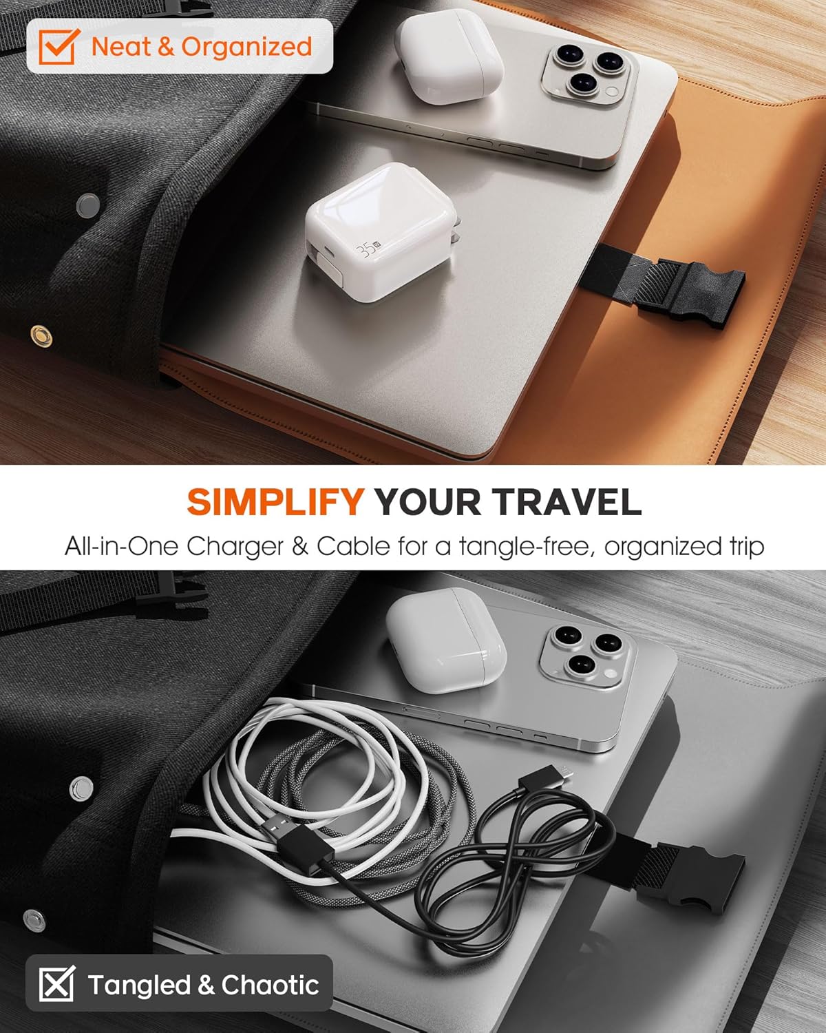 35W Retractable USB-C Wall Charger, Fast Charging Block with Foldable Plug and Retractable Type-C Cable, Dual Port PD Charger for iPhone 16/15, Galaxy S23/S22, LG, Compact for Travel & Home