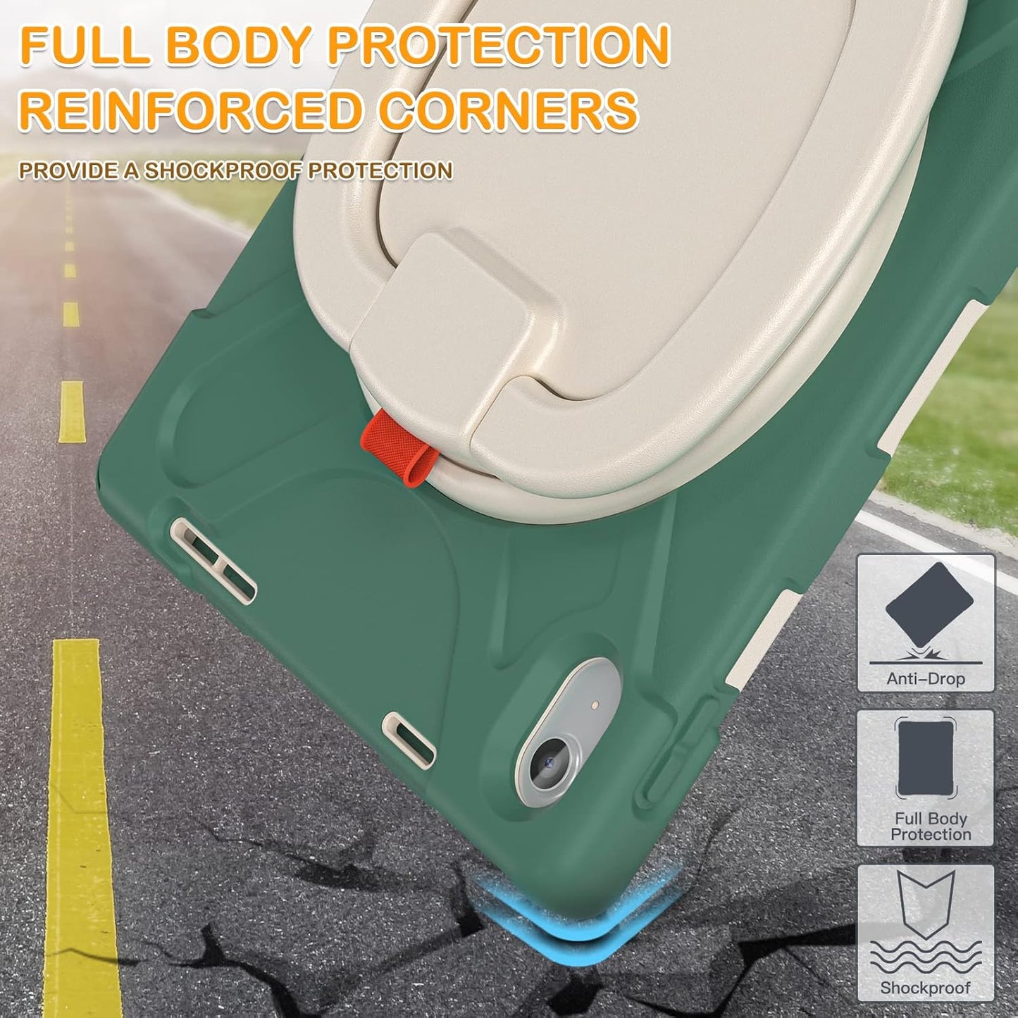 BRAECN Case for iPad (A16) 11th/10th Generation 11”/10.9'' 2025/2022-Heavy Duty Rugged Silicone Cover with Pencil Holder/Rotating Handle Grip/Stable Kickstand/Adjustable Shoulder Strap, Emerald Green