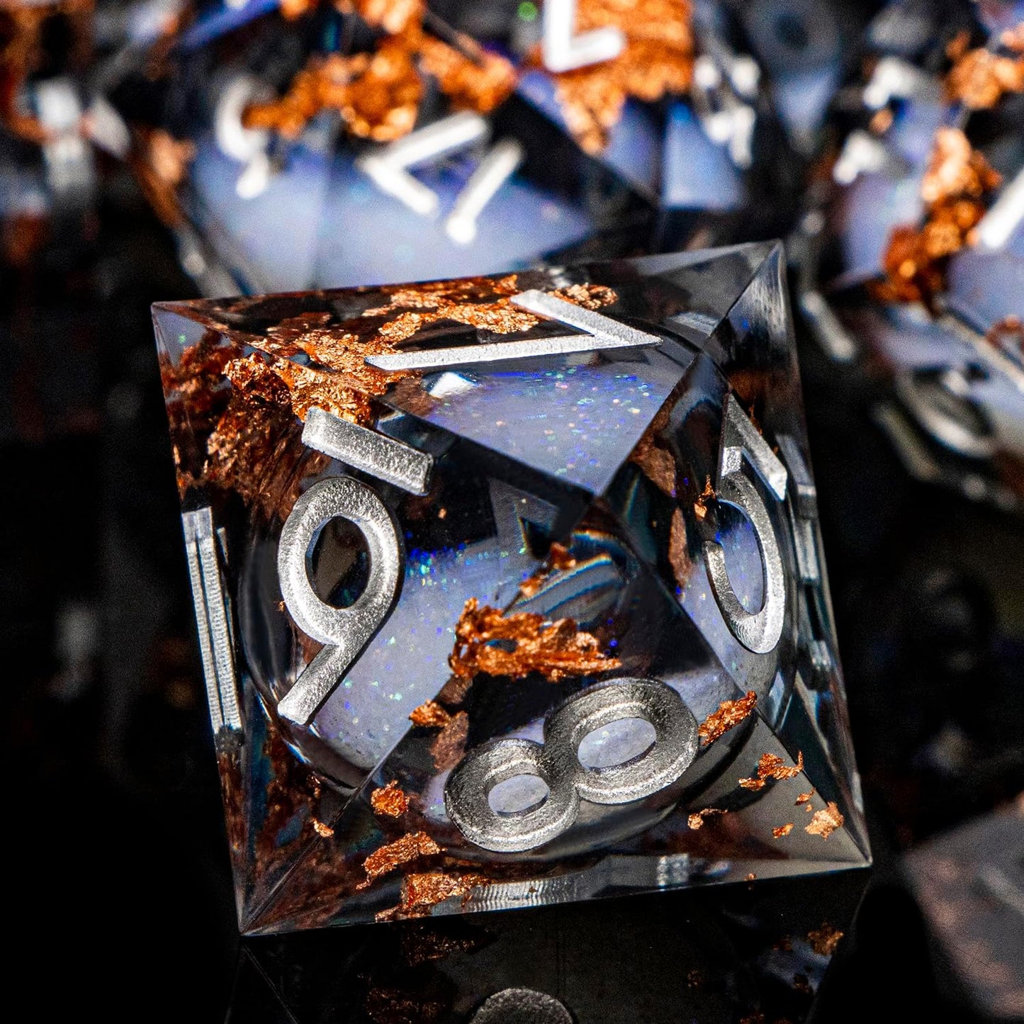 ARUOHHA Liquid Core DND Dice Set, 7pcs Resin Sharp Edged Dragons Dice Role Playing Games, RPG Silver Numbers Black Dungeons Polyhedral Dice with Gift Box D20 D12 D10 D8 D6 D4