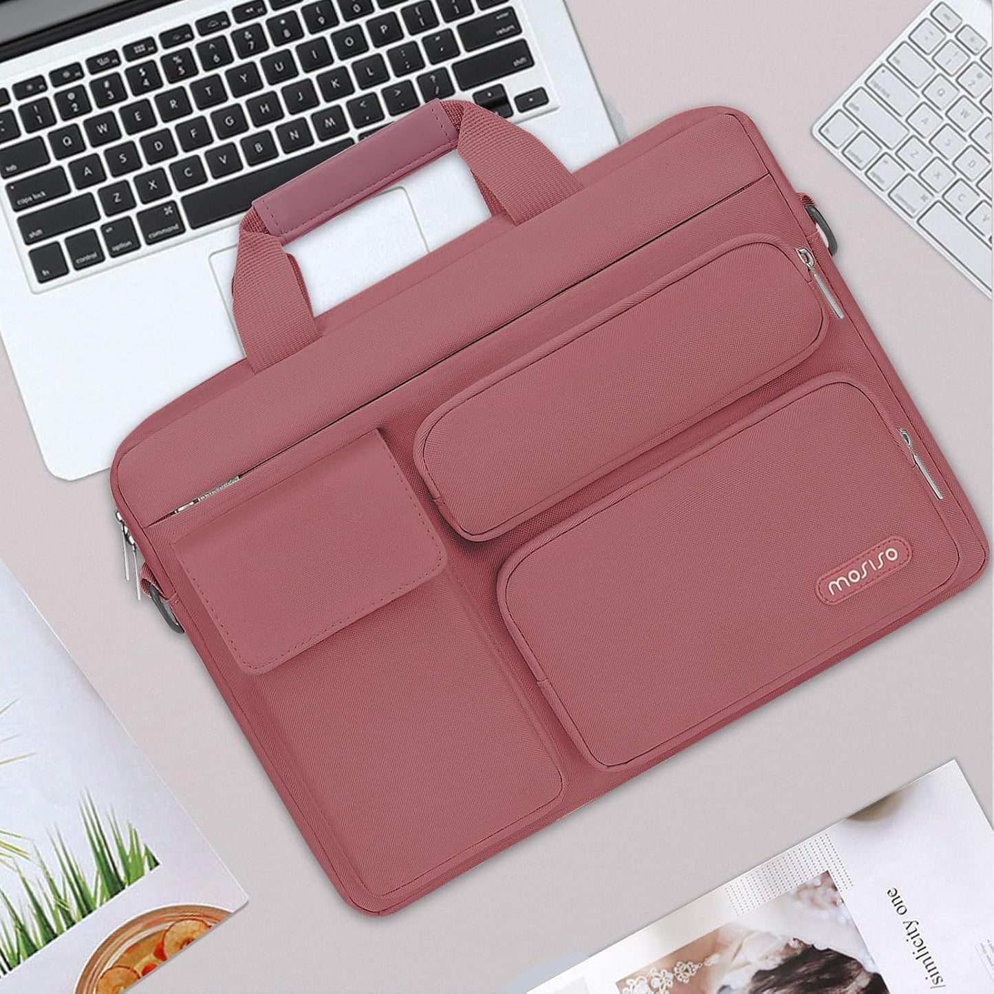 MOSISO Laptop Shoulder Bag, Computer Bag with 2 Raised&1 Flapover&1 Horizontal Pocket&Handle&Belt