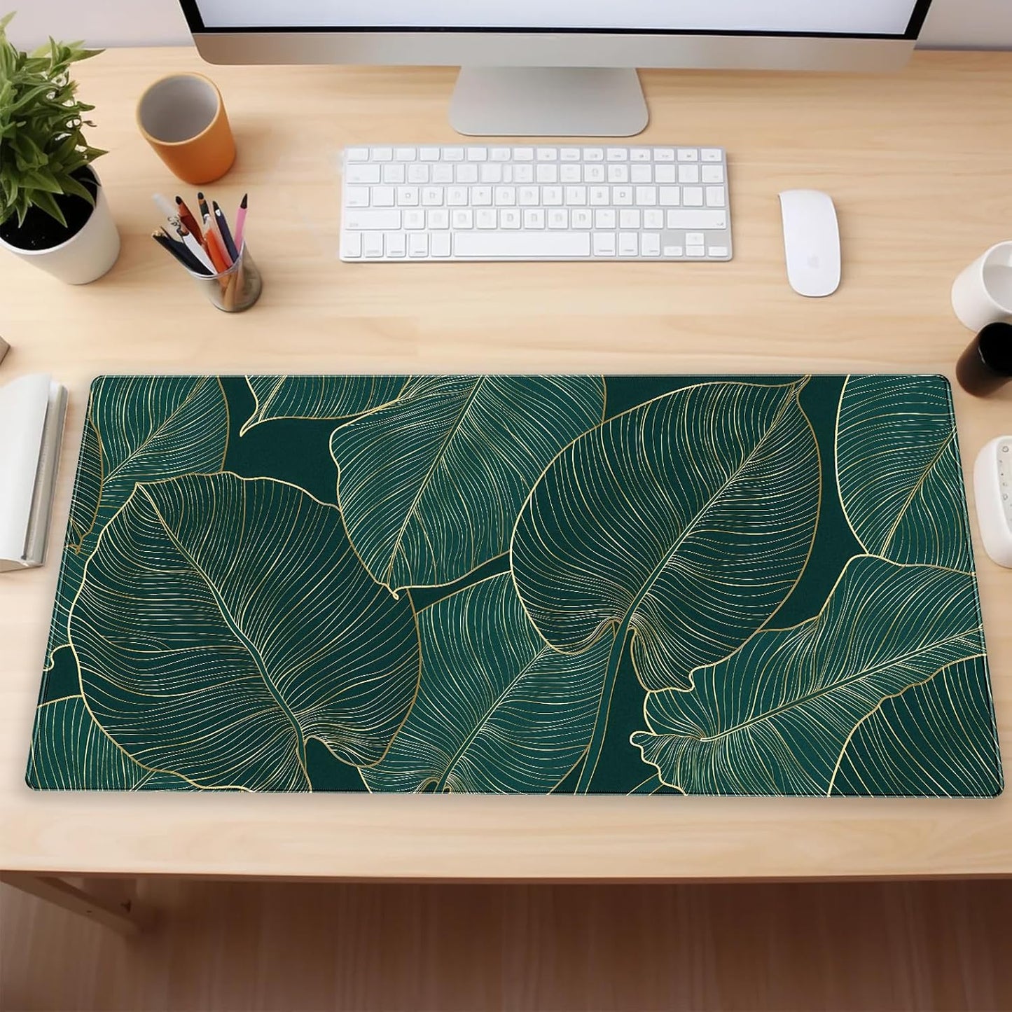 Green Desk Mat Monstera Palm Leaf Mouse Pad Large Gaming Mouse Pad XL Full Desk Mousepad Extended Keyboard Mat Big Long Mouse Mat Computer Laptop Desktop Mat Pad Desk Decor 31.5''X15.7''
