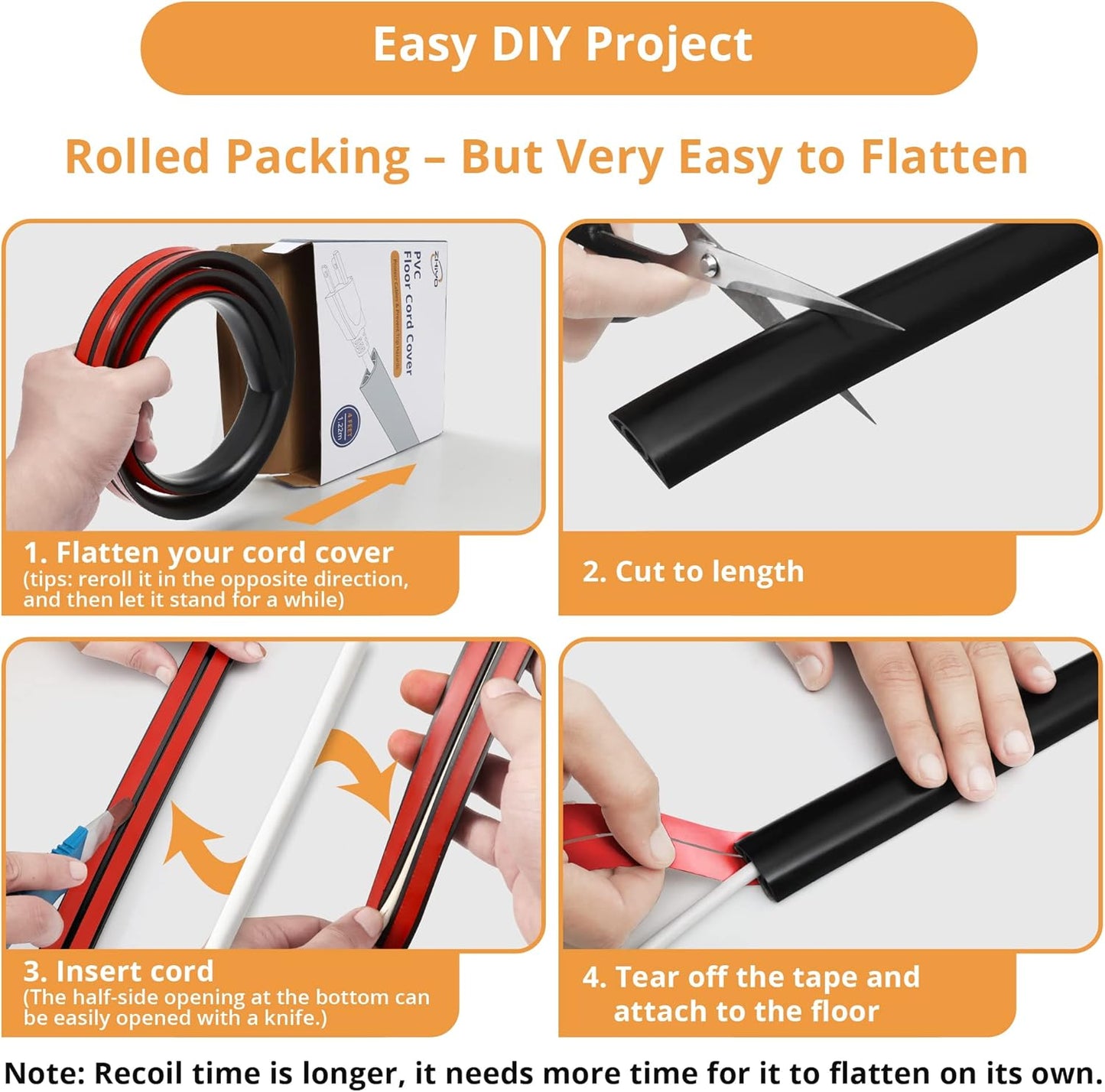 5ft Cord Cover Floor for Extension Cords, Self-Adhesive Floor Cable Cover to Protect Cables & Prevent Tripping, PVC Cord Hider Protector, Internal Wire Management Channel Diameter: 0.39",Brown