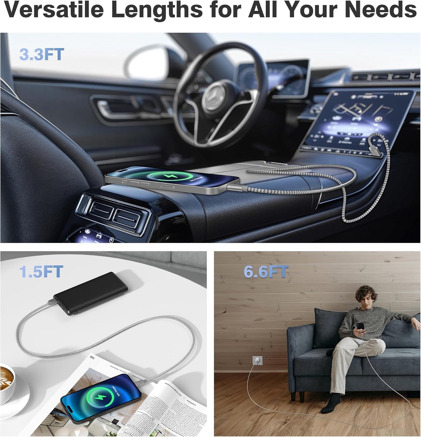 Elebase iPhone 16 15 Pro Max Charger Cord 1.5/3.3/6.6FT 3 Pack,USB to USB Type C Car Charging Cable,USBC Power Cable for New Apple iPad mini Air,Airpods 4,Samsung Galaxy S25 S24 S23 Plus Ultra,Z Flip