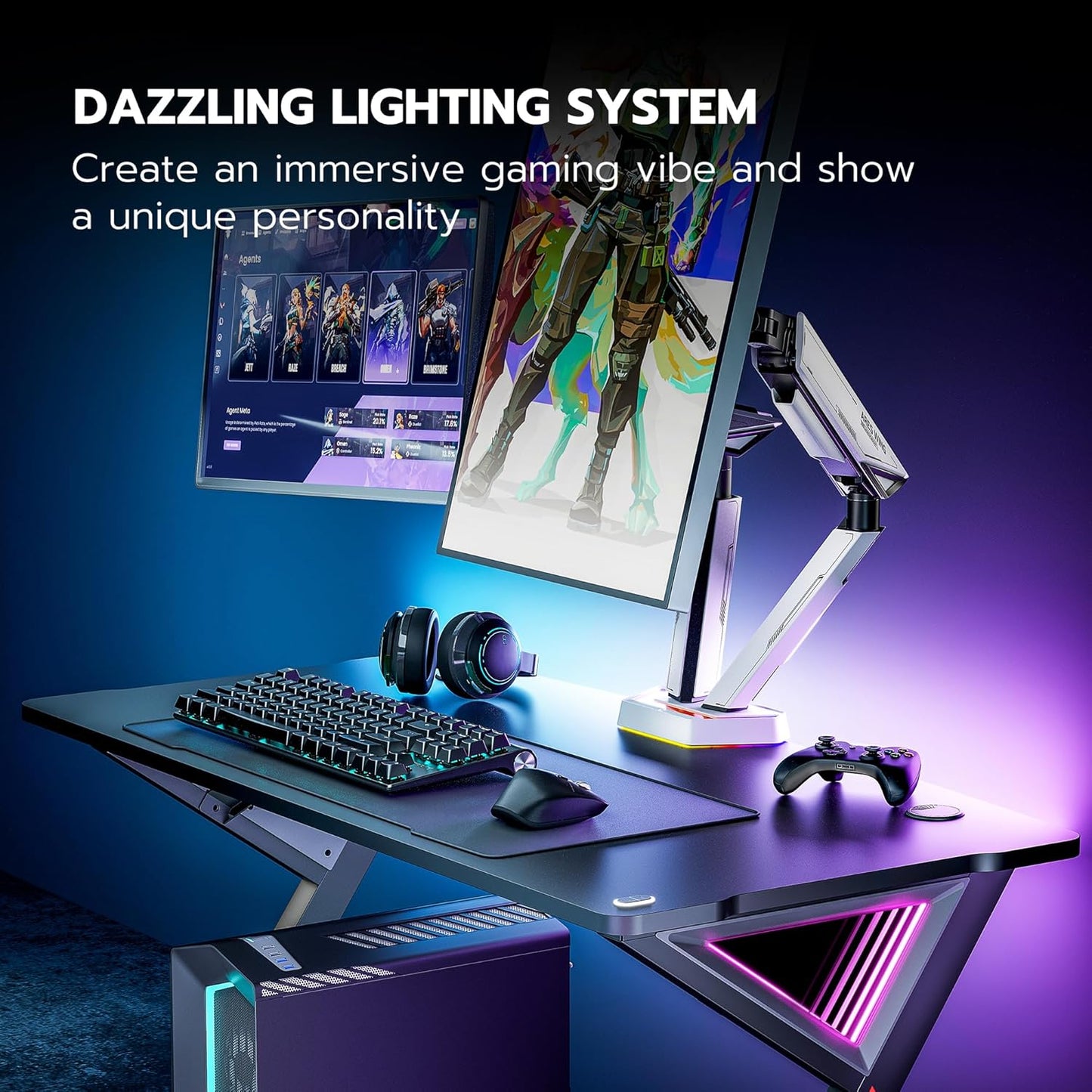 ARES WING RGB Dual Monitor Arm for 17-38" Ultrawide Screens, Holds 35.2lbs, Heavy Duty Dual Monitor Stand for Desk, Adjustable Double Monitor Mount with Clamp & Grommet Base, 75/100 VESA Mount, White