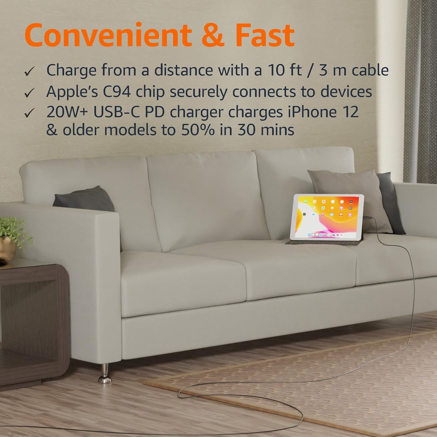 Amazon Basics USB-2.0 Type C to Lightning Cable (MFi Certified), 10 ft, Black