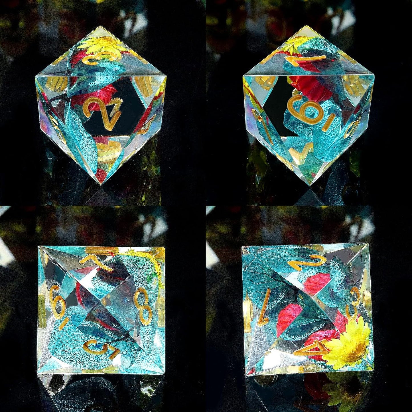 Haxtec Flower Sharp Edge Dice Resin DND Dice Set 7PCS Yellow Blue Red Polyhedral D&D Dice for Role Playing Dice Games Compatible with Dungeons and Dragons