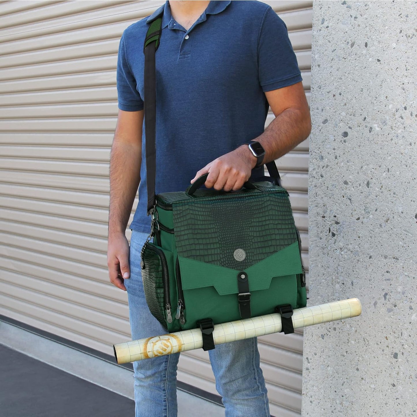 ENHANCE Collector's Edition RPG Adventurer's DnD Bag - Dragon Hide Exterior Travel RPG Bag with Tabletop Miniatures Storage Vault, Mat Holder, DnD Dice & Token Pockets, Fits 4-8 Books (Dragon Green)