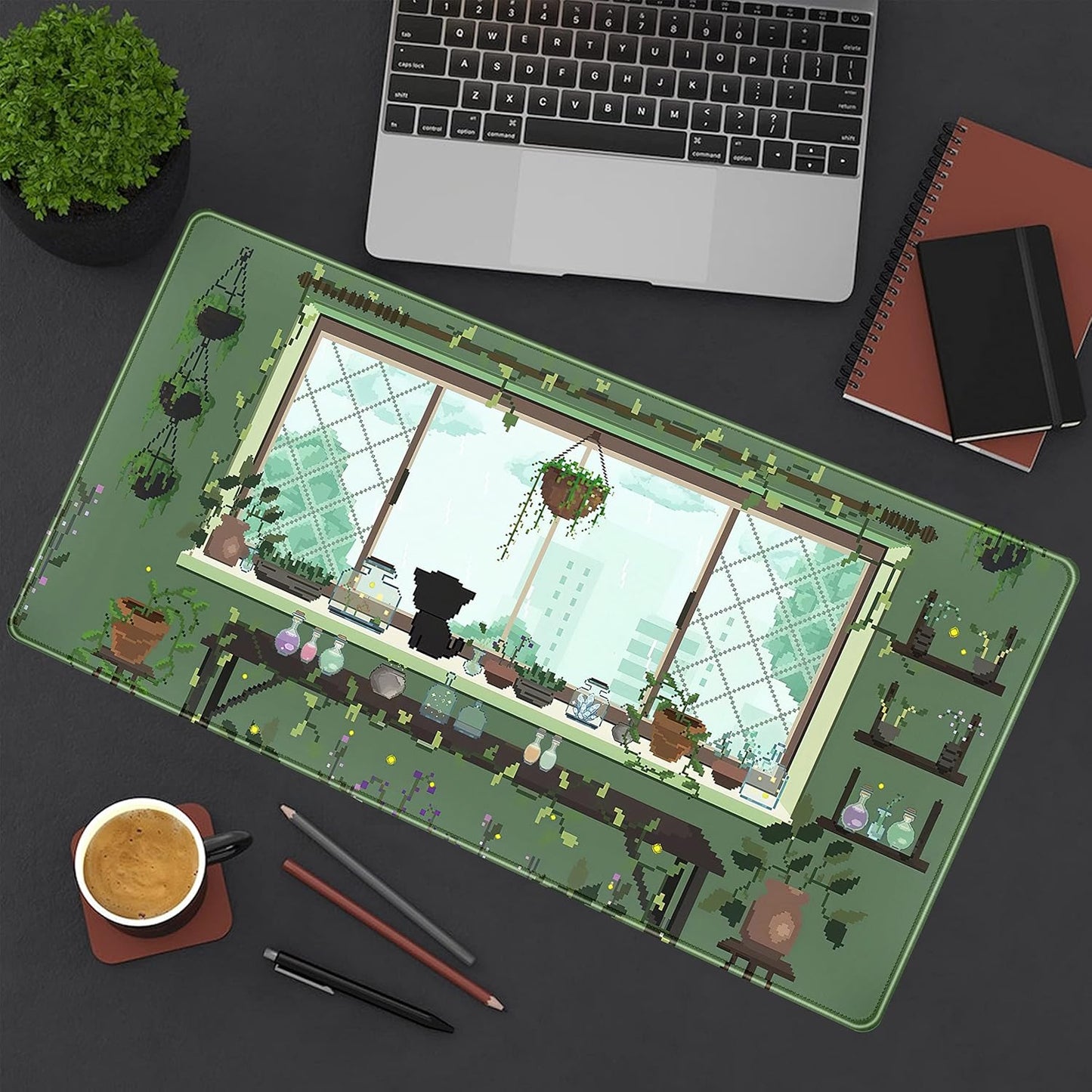 Cute Kawaii Green Plant Desk Mat Anime Aesthetic Mousepad Pixel Art XXL Large Gaming Mouse Pad Laptop Keyboard Mat Desk Pad 31.5x15.75 in, Office Home Decor for Women Girl