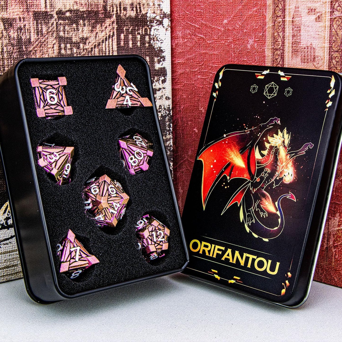 7PCS Metal DND Dice Set with Box, Debris RPG Red D and D Dice for D&D Tabletop Games Role Playing Game, Polyhedral Dice Set D20 D12 D10 D8 D6 D4