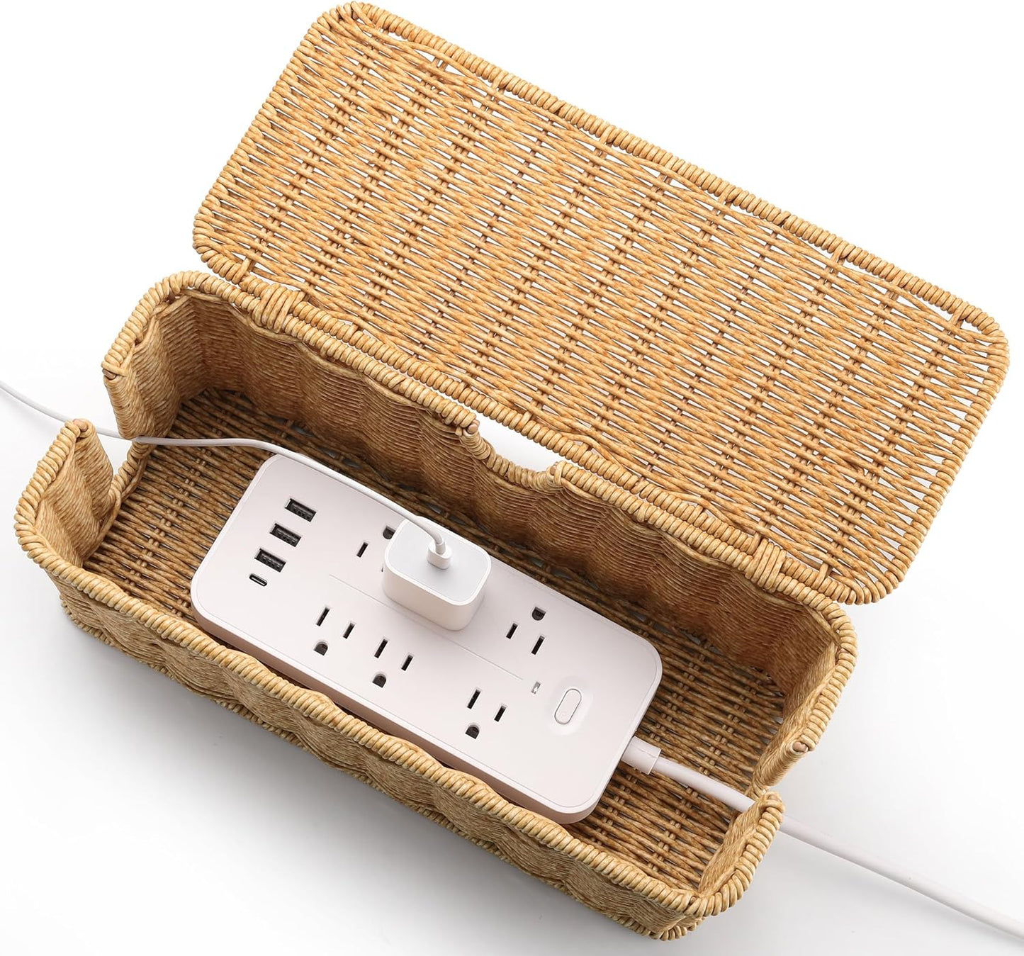 Handmade Cable Management Box Brown, Imitation Rattan Cord Organizer Cord Hider Box, Cable Organizer Box for Desk, Cord Management Box to Hide Cords and Power Strip L12.5'' W5'' H5.2''