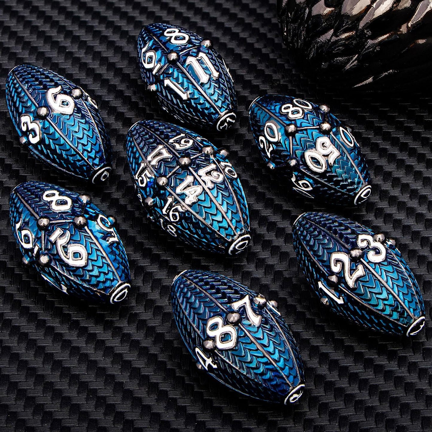 ARUOHHA DND Metal Dice Black Blue Dragons Egg Dice with Rotating Dragon Egg Shell, Compatible with D&D RPG Role Playing Game, Dungeons Polyhedral D and D Dice Set D20 D12 D10 D8 D6 D4