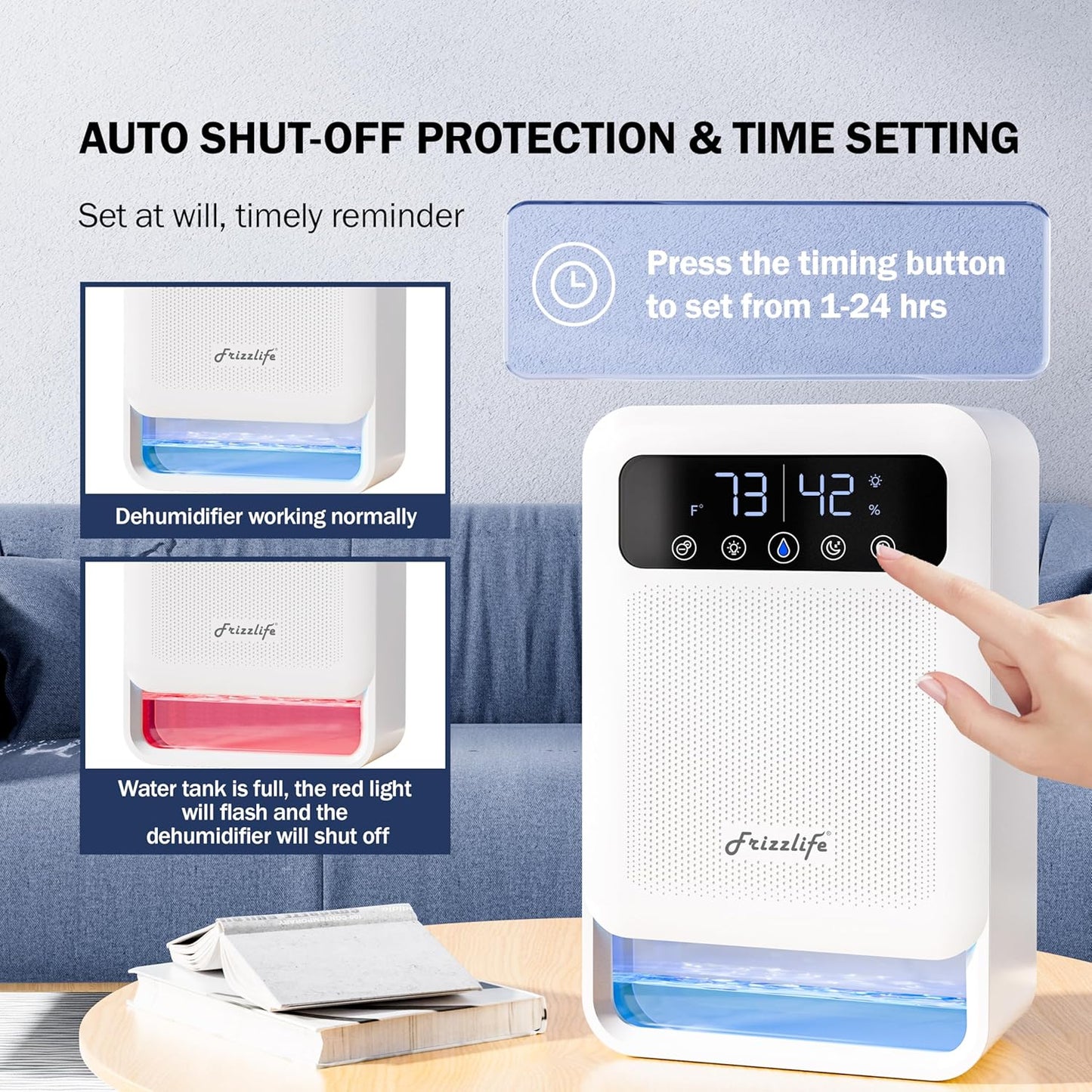 Frizzlife DH80 Air Dehumidifier, 135oz Water Tank W/Purifying Function, Quiet Small Dehumidifiers With Sleep Mode For Home, Bedroom, Bathroom, Basement W/Auto Shut Off, 7 Colors LED Light, White