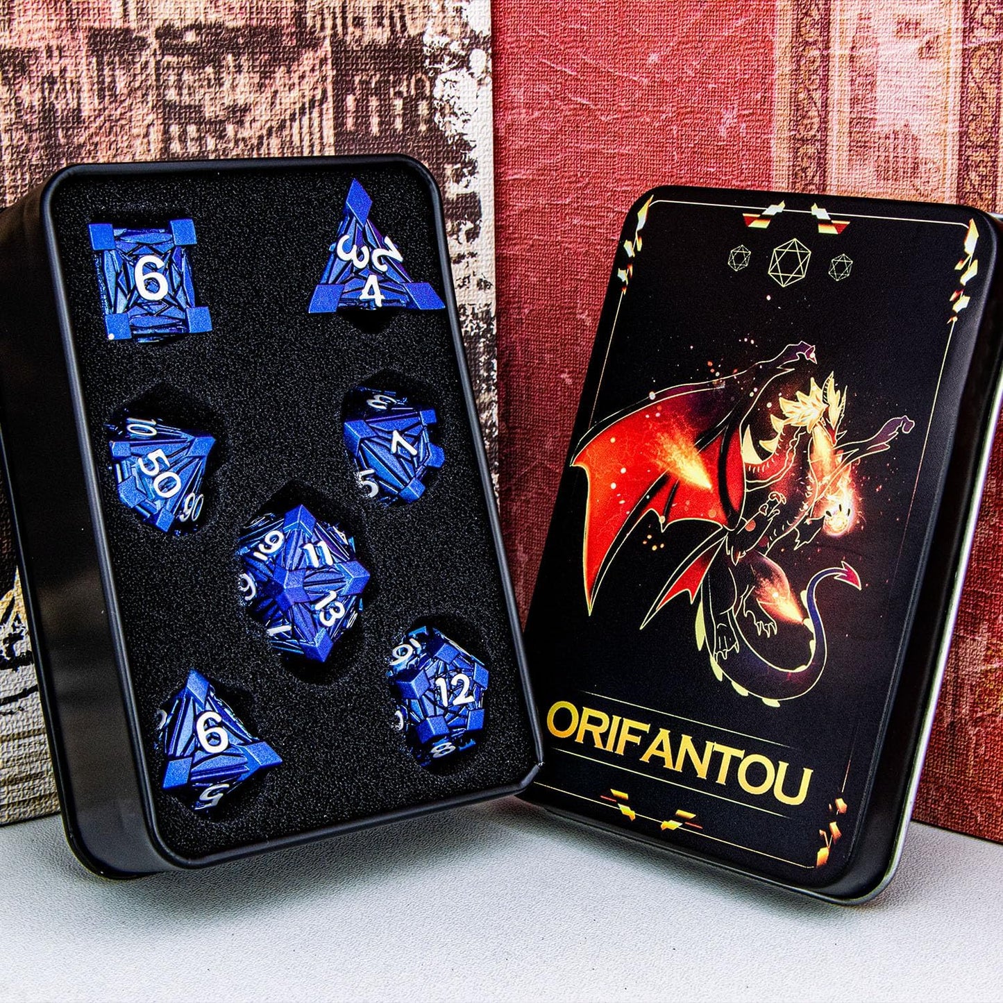 7PCS Metal DND Dice Set with Box, Debris RPG Blue White D and D Dice for D&D Tabletop Games Role Playing Game Polyhedral Dice Set D20 D12 D10 D8 D6 D4