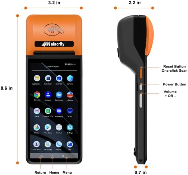 Alacrity Mobile POS PDA Terminal, Android 13 SoftPay,1D 2D Scan Module, 58mm Thermal Printer, 5.5" Touch Screen, 4G WiFi Bluetooth, Ideal for Retail, Hospitality, Logistics, Field services, Healthcare