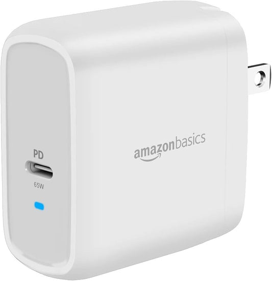 Amazon Basics 65W One-Port GaN USB-C Wall Charger with Power Delivery PD, Foldable Plug, for Laptops, Tablets & Phones, White