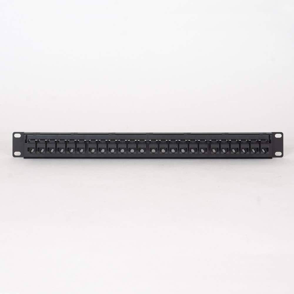 ICC CAT5e Feed-Through Patch Panel, 24 Port, 1U Rackmount, RJ45 Ethernet Patch Panel, No Punch Down, PoE++ and TAA Compliant, Black
