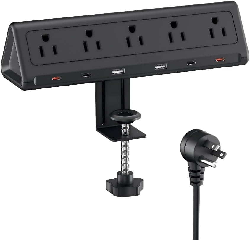 6.5 FT Desk Clamp Power Strip with 5 AC Outlets & 6 USB Ports PD 40W USB-C Fast Charging, 1250J Surge Protector, Fits 2.6 in top Edge Black