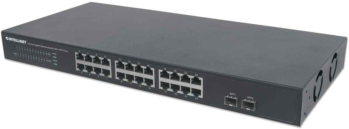 Intellinet 24 Port Gigabit Ethernet Switch with 2 SFP Ports – Unmanaged - Rackmount / Desktop, Fanless & Quiet, Sturdy Metal, 52 Gbps Switch Fabric – 3 Yr Mfg Warranty - 561044