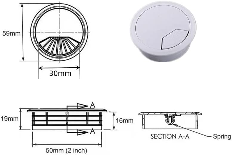 2pcs 2 inch Desk Wire Cord Cable Grommets Hole Cover for Office PC Desk Cable Cord Organizer Plastic Cover Black (White-2Pcs)