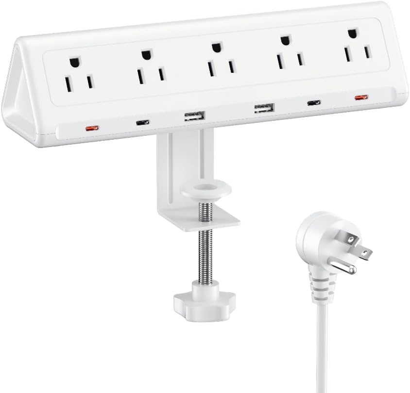 6.5 FT Desk Clamp Power Strip with 5 AC Outlets & 6 USB Ports PD 40W USB-C Fast Charging, 1250J Surge Protector, Fits 2.6 in top Edge White