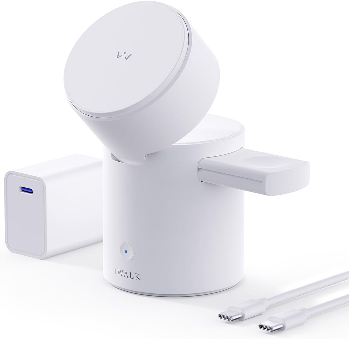 iWALK 3 in 1 Wireless Charging Stand with Auto Rotation, Charging Station with Magnet for Apple Devices, 15W Foldable Wireless Charger Station for iPhone 16 15 14 13 12 & Apple Watch & Airpods, White