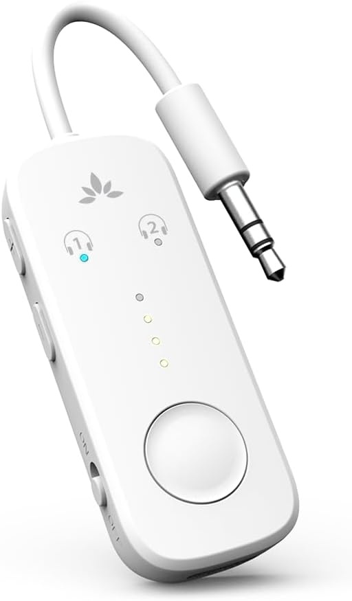 Avantree Relay - Airplane Bluetooth 5.3 Adapter with Qualcomm aptX Adaptive, Supports 2 AirPods or Headphones, 20Hr Playtime, 3.5mm AUX Wireless Audio Transmitter for Travel Flight, Airline, Gym