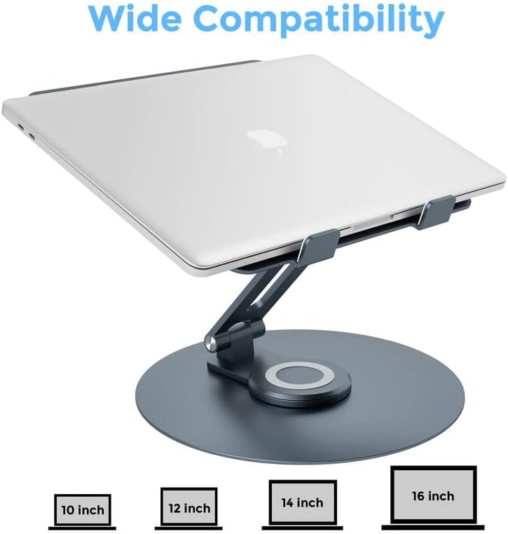 Swivel Laptop Stand for Desk, Adjustable Height Aluminum Computer Stand with 360 Rotating Base, Foldable Ergonomic Riser, Portable Laptop Holder Compatible with MacBook, All Laptops 10-17'', Grey