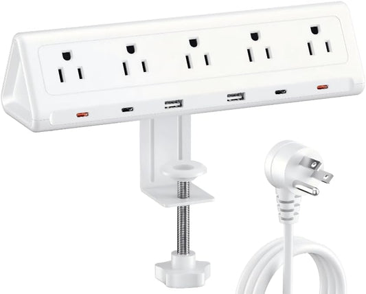 10 FT Desk Clamp Power Strip with 5 AC Outlets & 6 USB Ports PD 40W USB-C Fast Charging, 1250J Surge Protector, Fits 2.6 in top Edge White