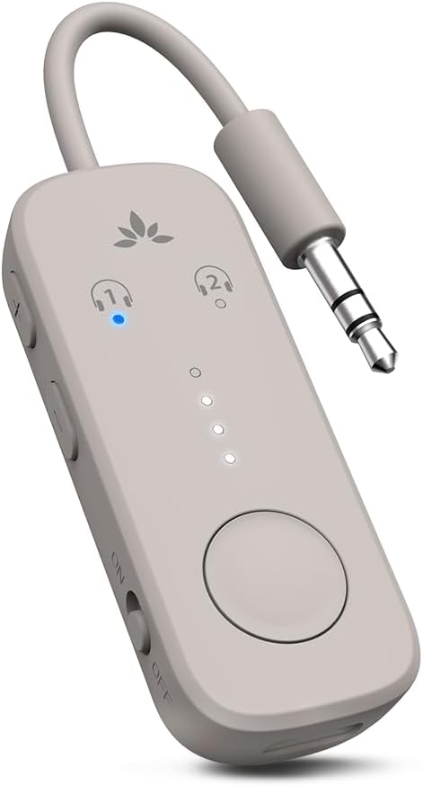 Avantree Relay - Airplane Bluetooth 5.3 Adapter with Qualcomm aptX Adaptive, Supports 2 AirPods or Headphones, 20Hr Playtime, 3.5mm AUX Wireless Audio Transmitter for Travel Flight, Airline, Gym