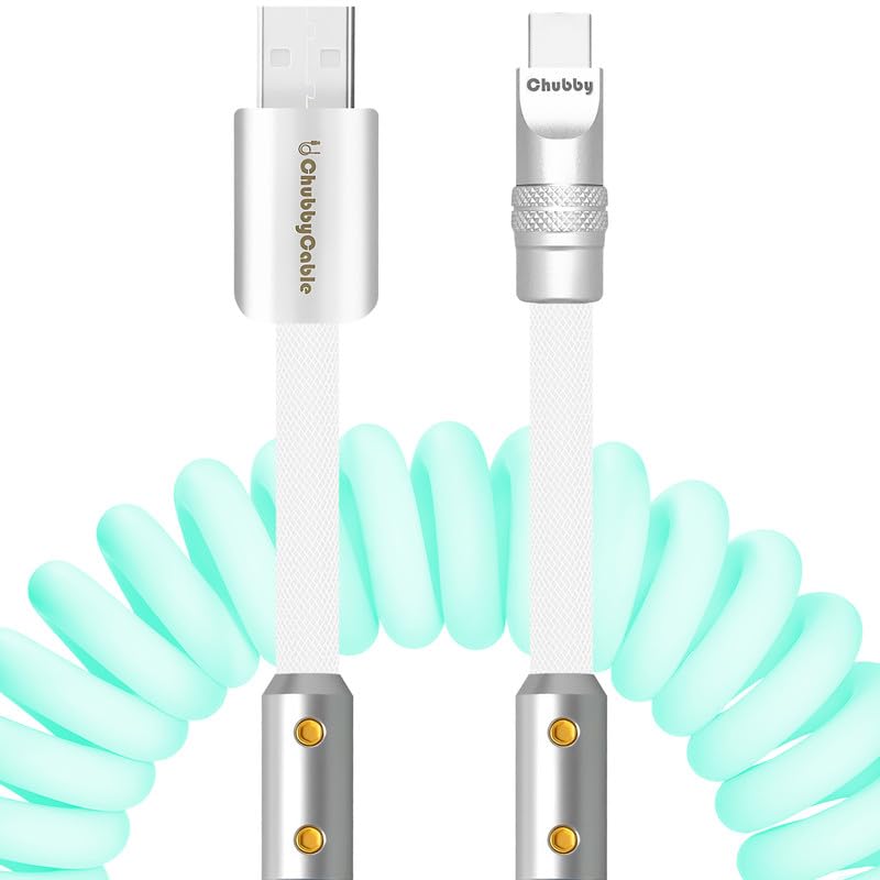 chubbycable Colorblock Chubby - Spring Braided Silicone Charge Cable Coiled USB C Cable Fast Charging Type C Charger Cord for Car, Light Blue+White, USB-A to Type-C, 2.29FT-3.6FT