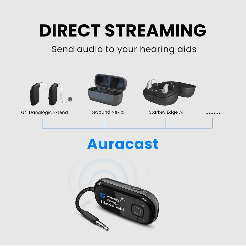 Avantree Voyager HA - Auracast Transmitter for Hearing Aids with Display & Volume Control, LE Audio, Bluetooth 5.4, Qualcomm Chip, Firmware Upgradeable, AUX for TV, PC