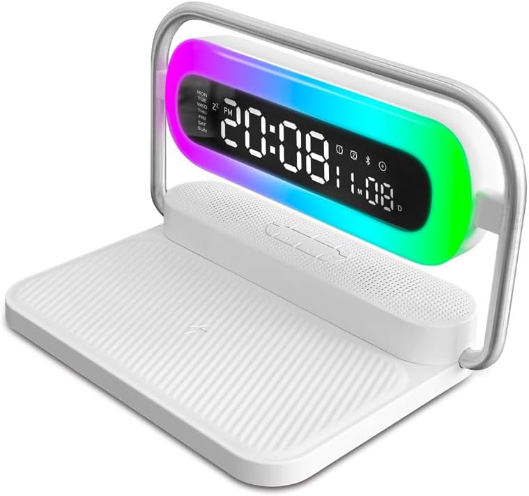 4-in-1 Multifunction Mobile Wireless Charger with Colorful Night Lights, Bluetooth Speaker, Digital Clock Alarm ; M11