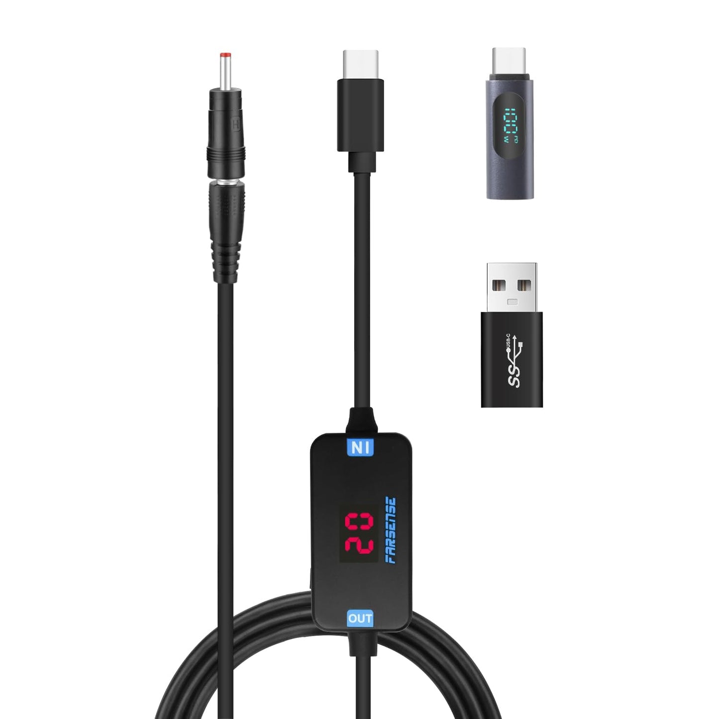 FARSENSE USB C to DC Adapter,Barrel PD Trigger Cable(3.3ft) with Type C Male to Femal/USB A to USB C/3.5x1.35mm Tips/,USB to DC Power Cable can Switching and LED Display Voltage