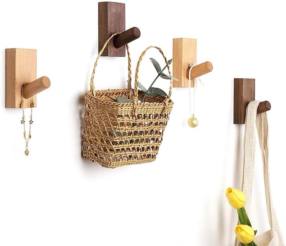 HomeDo 4Pack Adhesive Wall Hooks Hat Rack, Wooden Coat Hooks Wall Mounted, Decorative Hooks Single Organizer Hat Hanger Towel Rack, Heavy Duty Hooks (Rectangle-Walunt,4Pack)