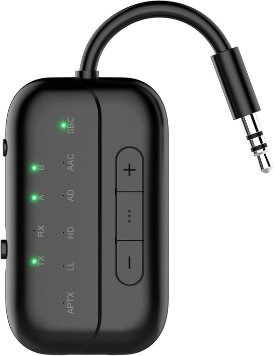 Bluetooth Transmitter Receiver, 2-in-1 V5.3 Wireless Adapter for Airplane, TV, PC, Gym, Switch. Supports up to 2 AirPods/Headphones. Audio Receiver for Car/Home Stereo,with AptX Low Latency & HD