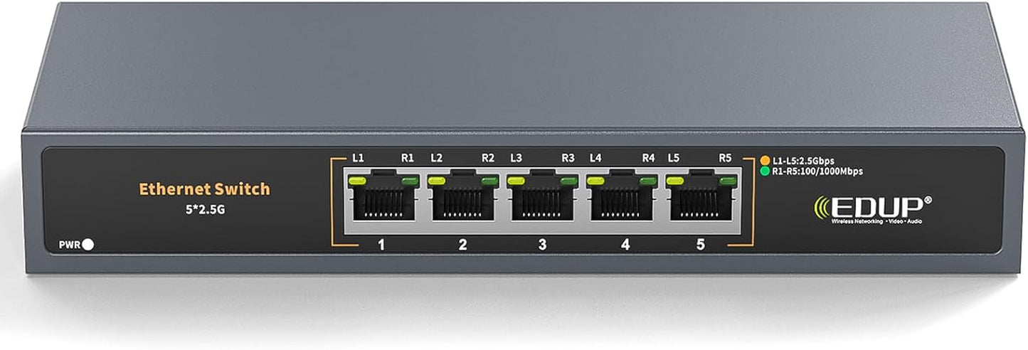 Ethernet Switch 2.5 Gigabit, 5 Ports Multi-Gigabit Ethernet Switch, Unmanaged, Fanless, Plug & Play, Reliable Network Splitter, Ideal for Gaming, NAS, PC, Silent, Desktop/ Wall Mount, Metal Design