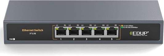 Ethernet Switch 2.5 Gigabit, 5 Ports Multi-Gigabit Ethernet Switch, Unmanaged, Fanless, Plug & Play, Reliable Network Splitter, Ideal for Gaming, NAS, PC, Silent, Desktop/ Wall Mount, Metal Design