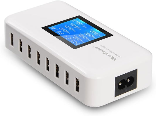 60W 8-Port USB Wall Charger, Multi Port USB Charger Charging Station W/LCD Compatible with Smart Phone, Tablet and Multiple Devices