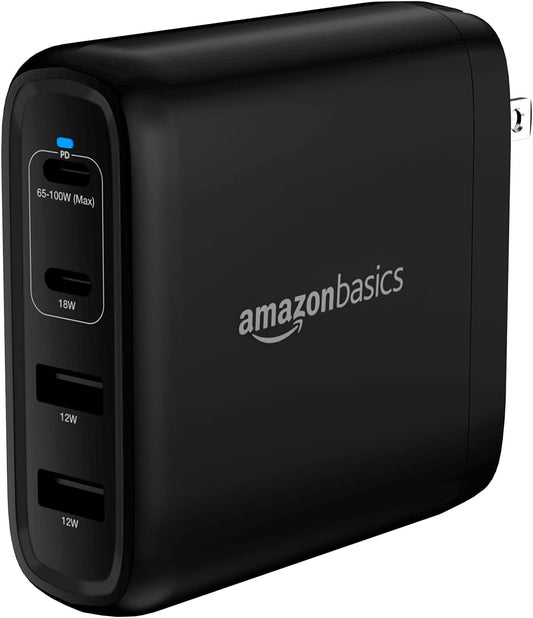 Amazon Basics 100W Four-Port GaN Wall Charger w/ 2 USB-C (100W,18W) & 2 USB-A Ports (12W) w/PD for Laptops, Tablets & Phones (iPhone 16/15/14/13/12/11/X, iPad, Mac, Samsung, and More), Non-PPS, Black