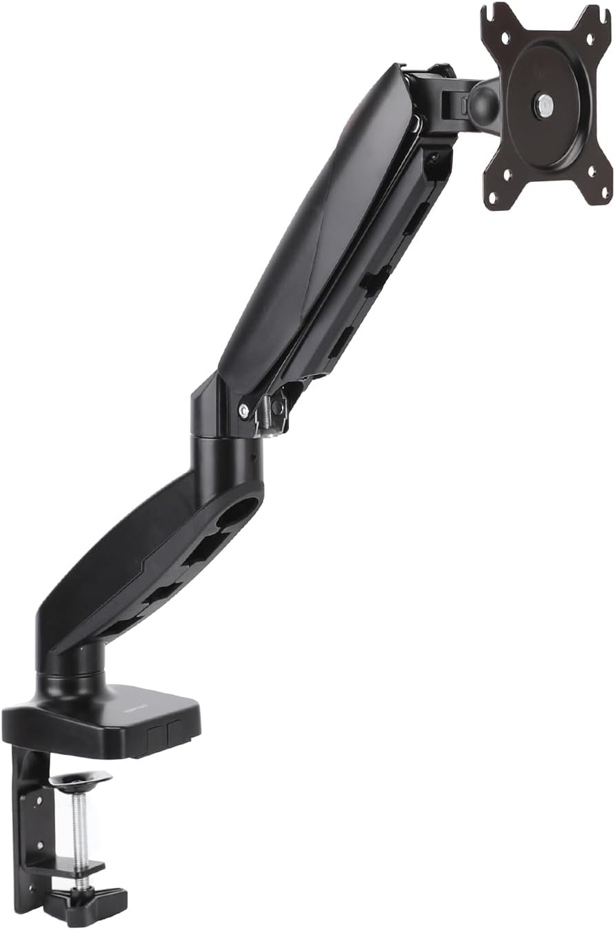 Amazon Basics Gas Spring Single Computer Monitor Arm Mount, Adjustable, Holds up to 27" Monitors, Black
